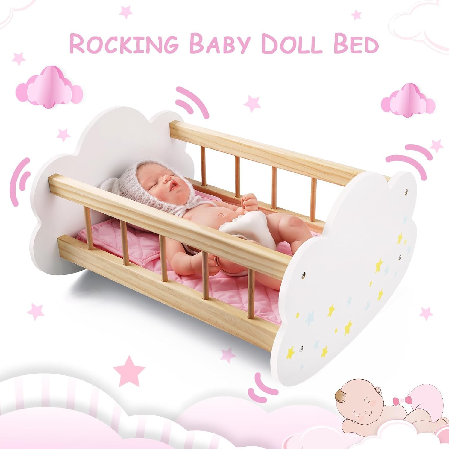 BABESIDE doll bed with smooth rocking action, ideal for gentle storytelling.