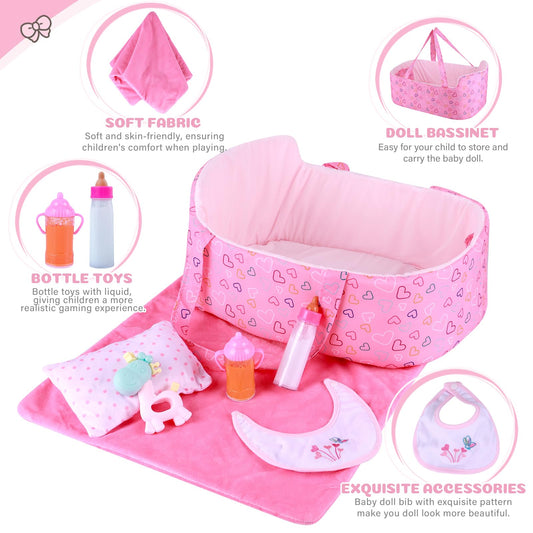 BABESIDE foldable doll bassinet with heart pattern offers portable storage.
