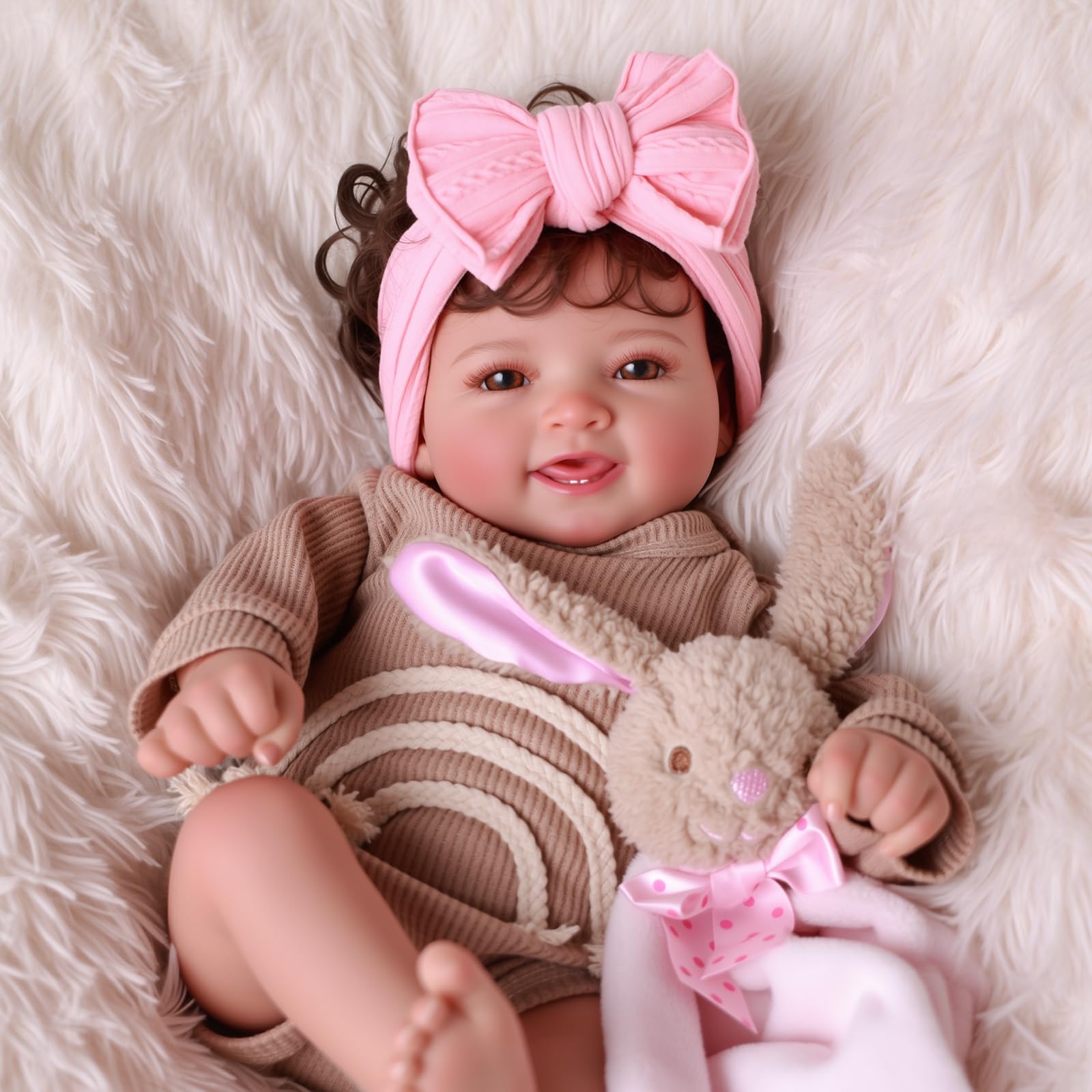 BABESIDE Mia curly brown hair with pink bow adds charm.