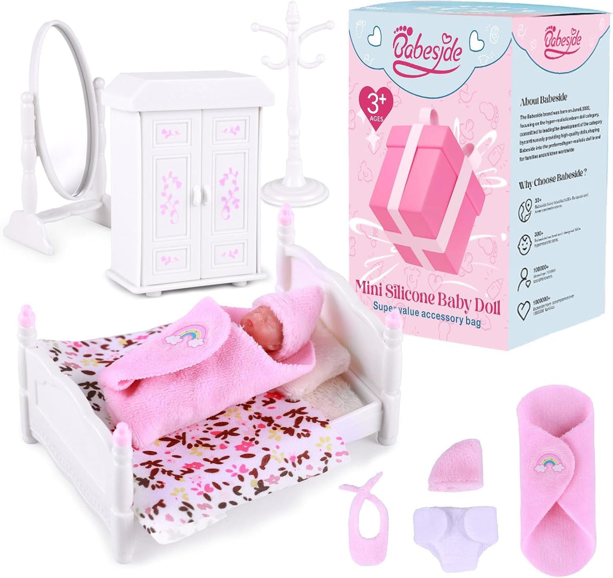 BABESIDE 3-inch mini silicone baby doll with lifelike features for imaginative play.