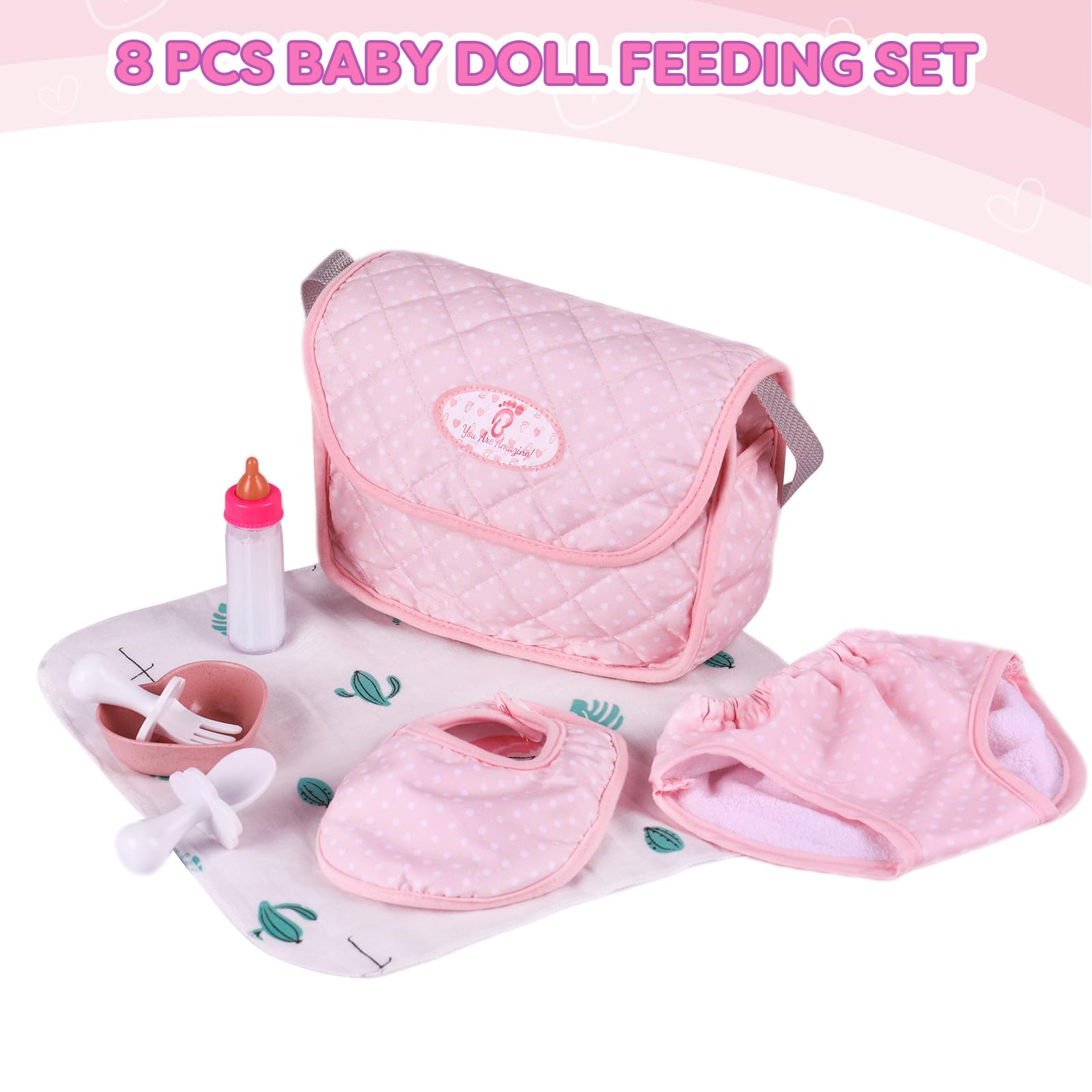 BABESIDE pink diaper bag with polka dots keeps doll accessories tidy.