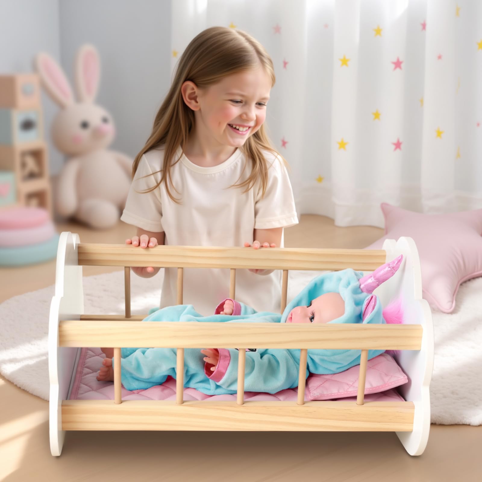 BABESIDE rocking doll bed side-angle view, showing a gentle motion for calm play.