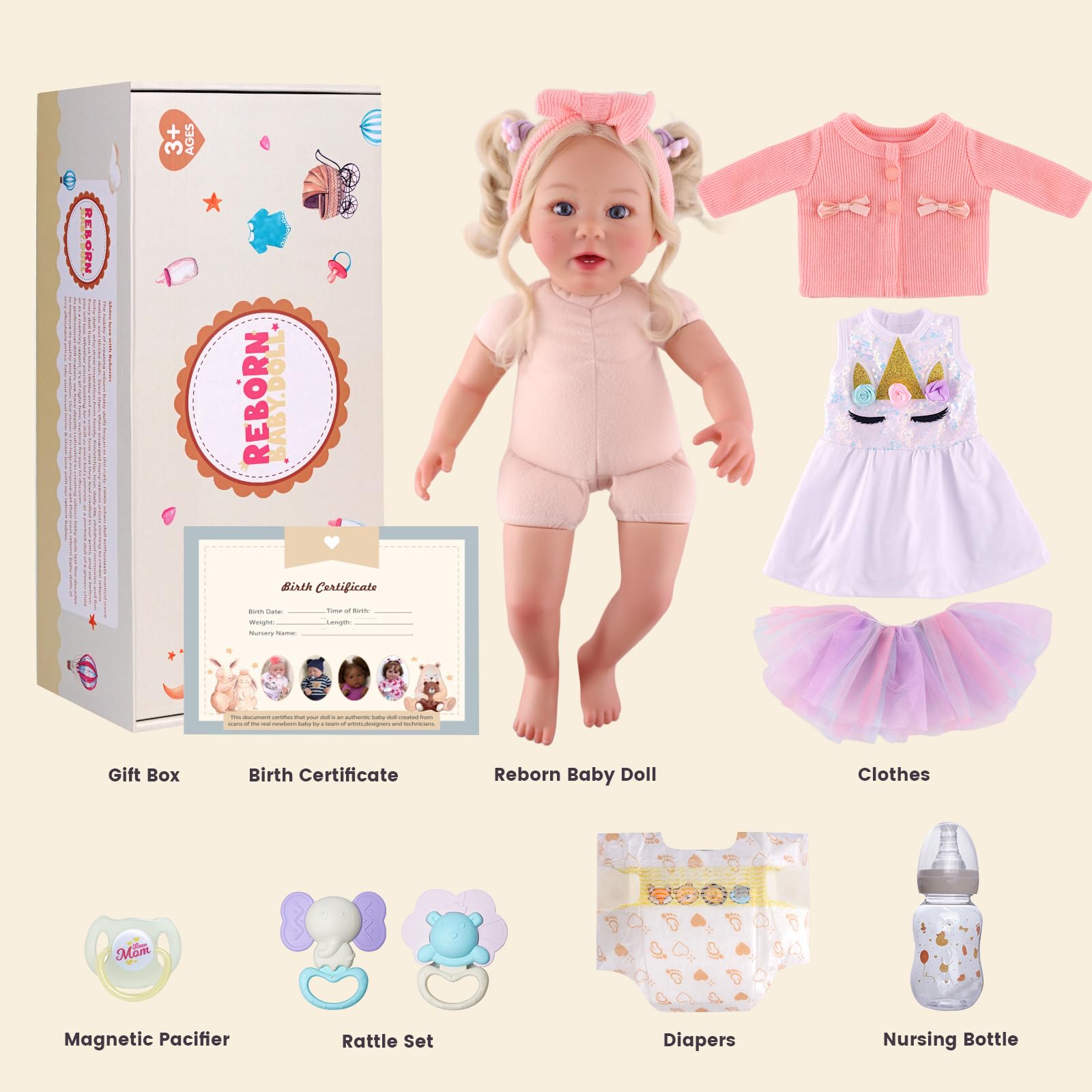 BABESIDE Stella includes outfit, handbell, and bottle for ready-to-play moments.