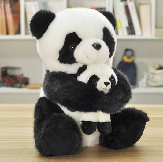 Backlood Toys mum panda and baby panda sewn together for enduring companionship.
