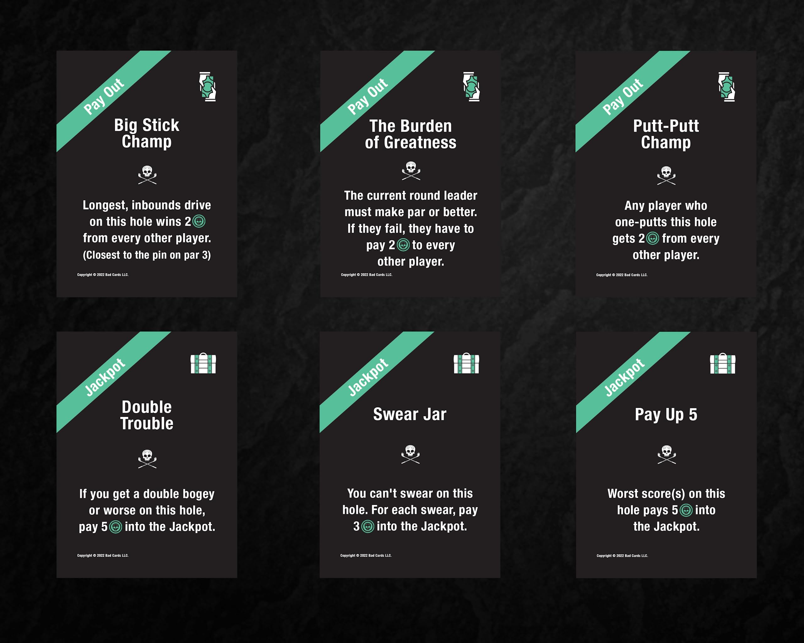 Bad Cards Fore Gambling Golfers on-course play setup during a round with friends.