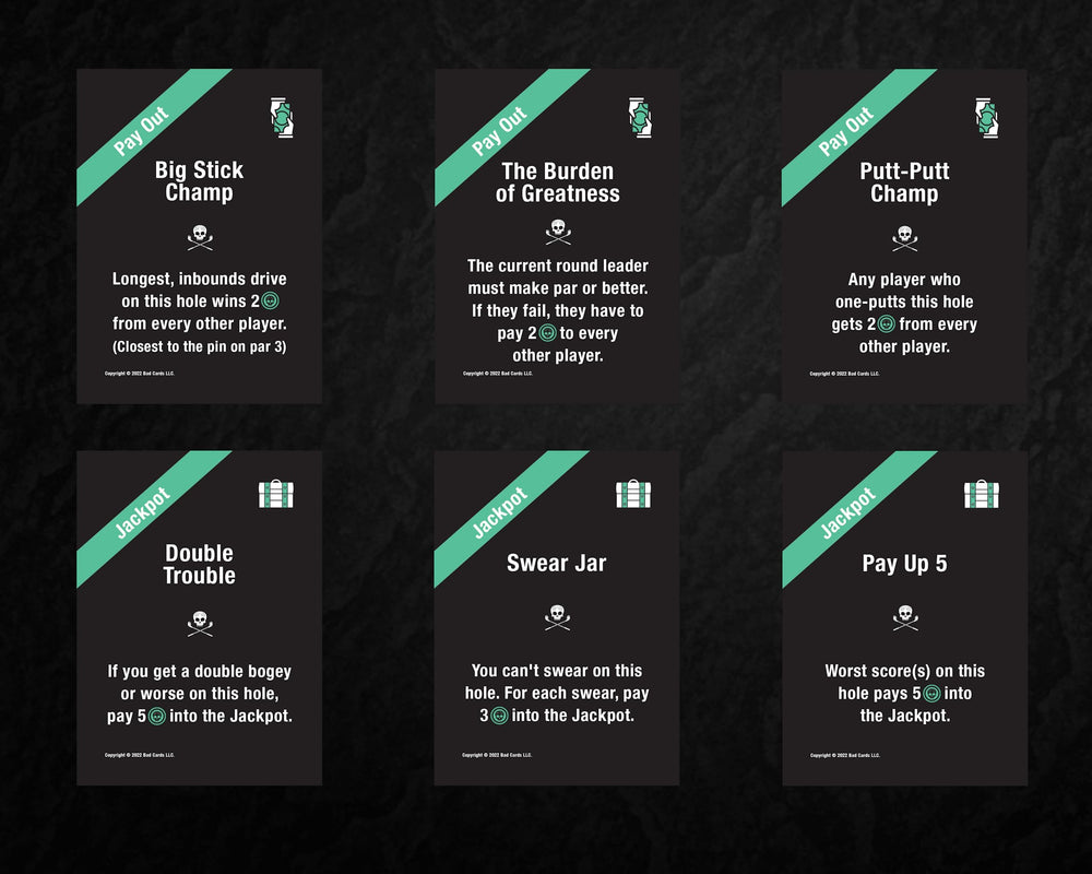 Bad Cards Fore Gambling Golfers on-course play setup during a round with friends.