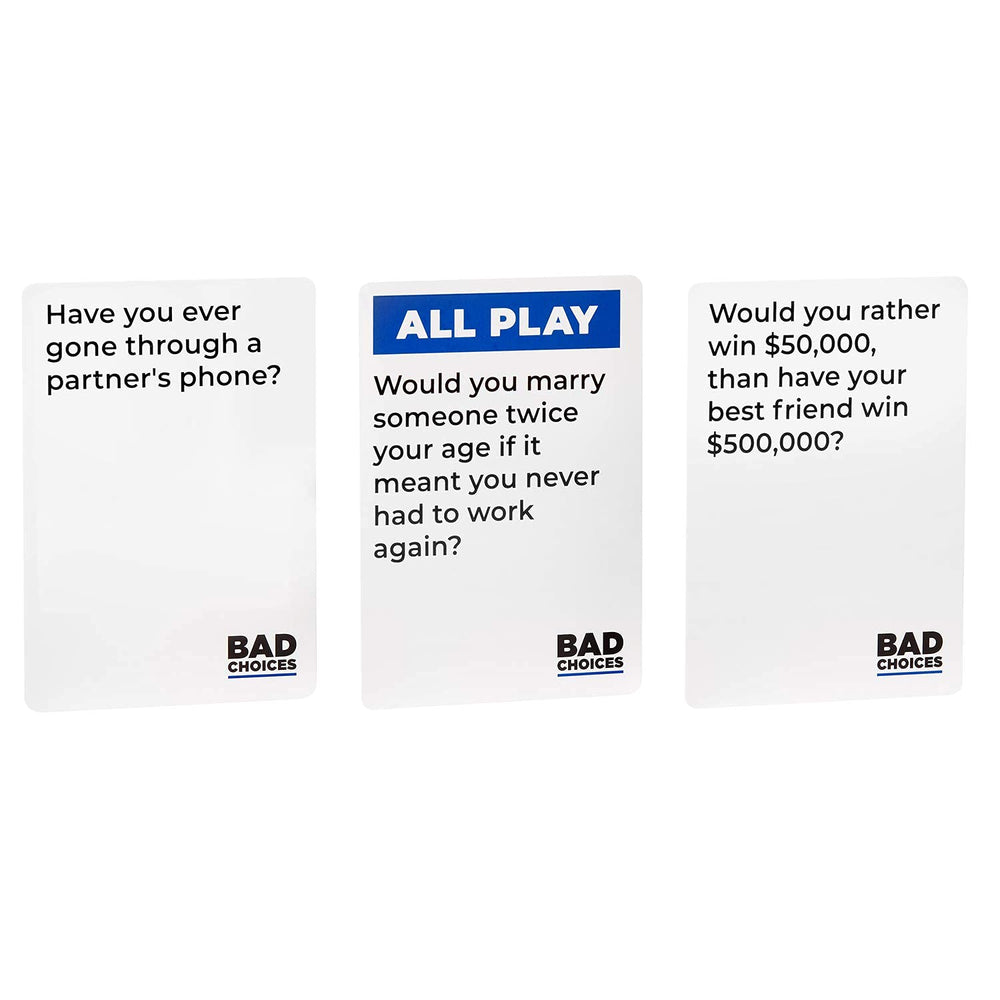 BAD CHOICES UNO-style play with truth prompts for memorable moments