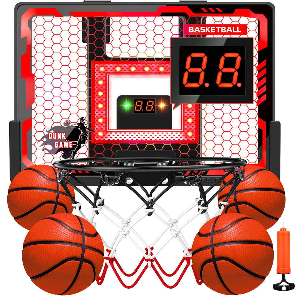 BADGOAL indoor basketball hoop with LED scoreboard for kids' play and practice.