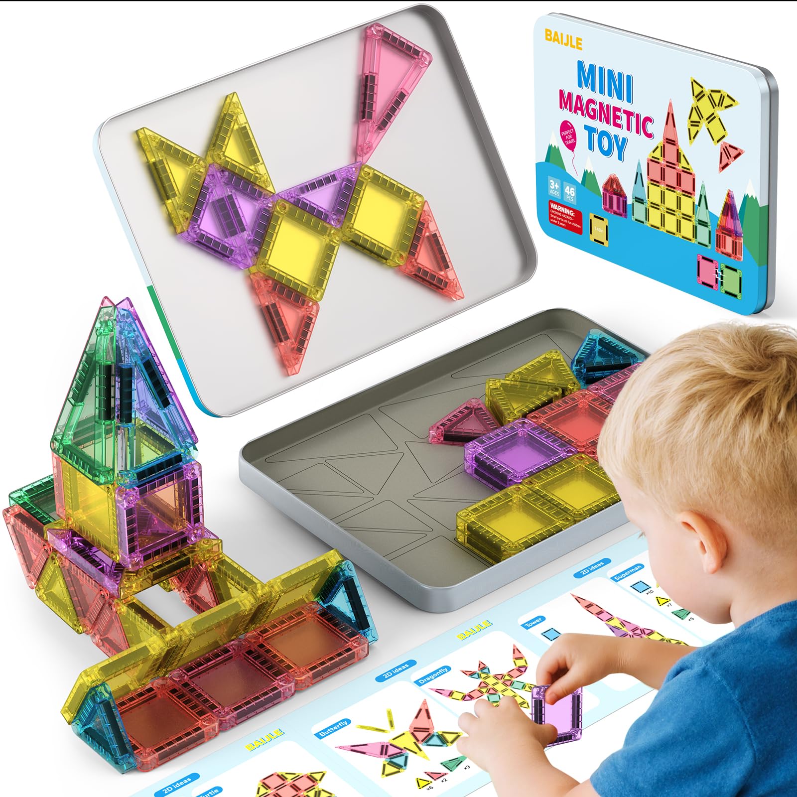 BAIJLE 46PCS Mini Magnetic Tiles travel case for screen-free fun on the go