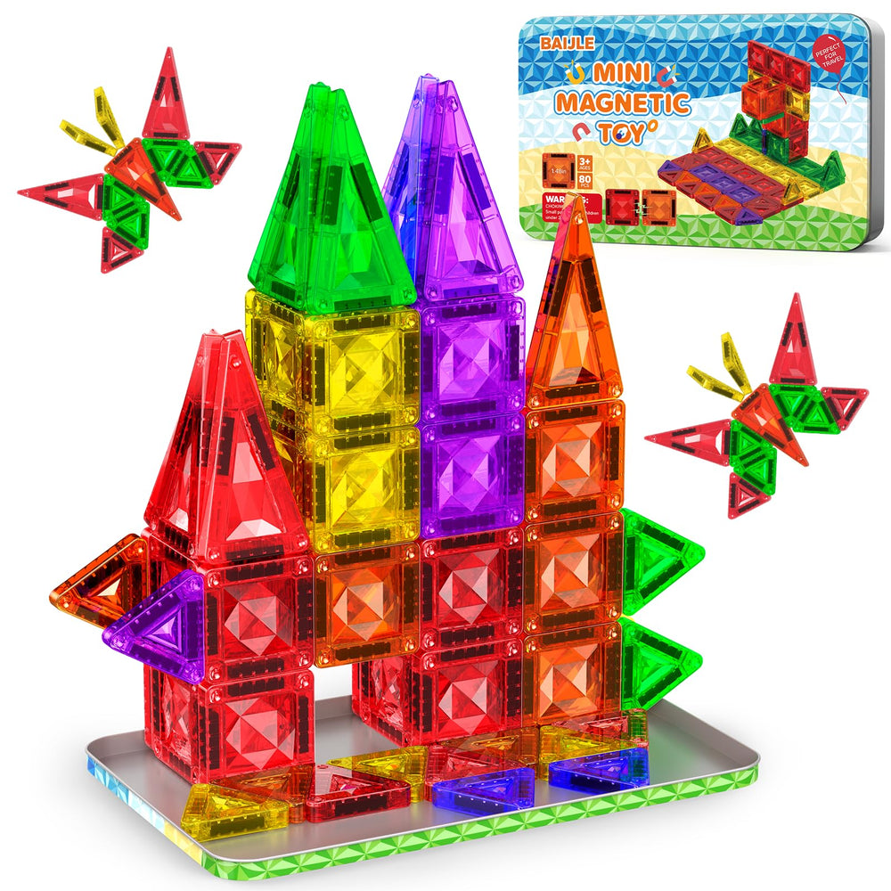 BAIJLE 80pcs mini magnetic tiles with diamond pattern case highlight portable creativity