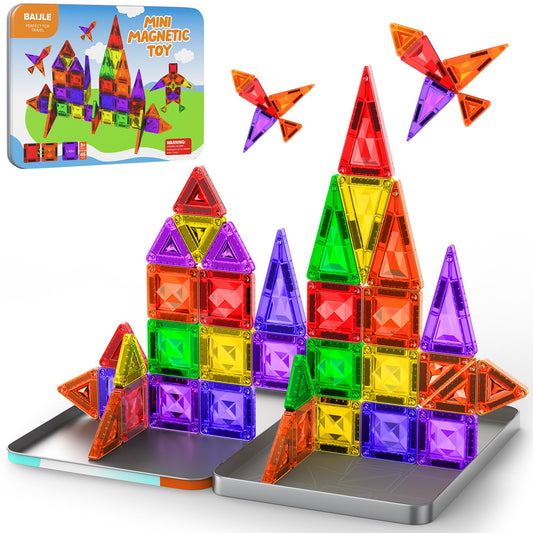 BAIJLE mini magnetic tiles in a diamond-pattern case for portable, screen-free play on the go.