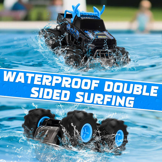BainGesk amphibious RC car gliding on water for splash-ready play.