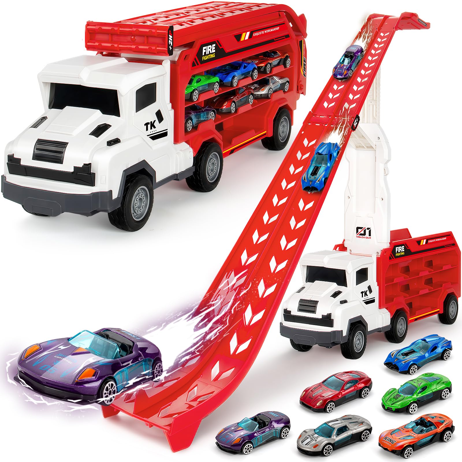 Baingesk carrier truck toy with track for organized storage and racing