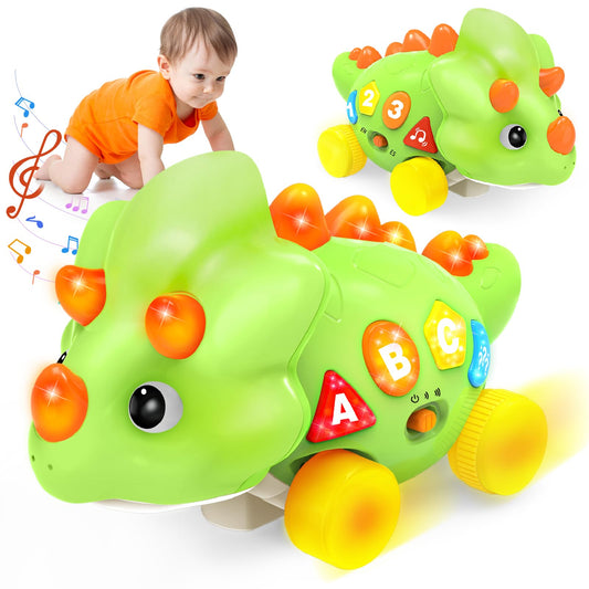 BainGesk Dinosaur Crawling Toy front view with lights and music for engagement.