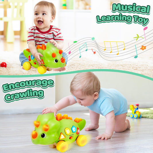 BainGesk Dinosaur Crawling Toy side view showing motion to encourage crawling.
