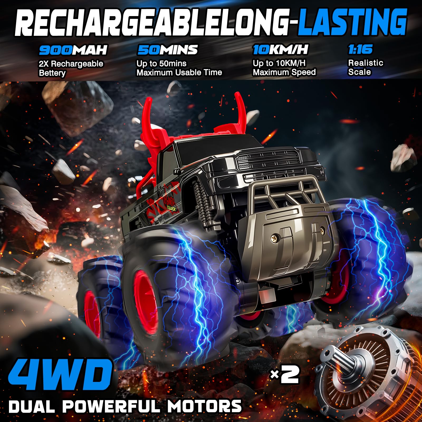 Durable ABS chassis with off-road tires provide strong grip and control.