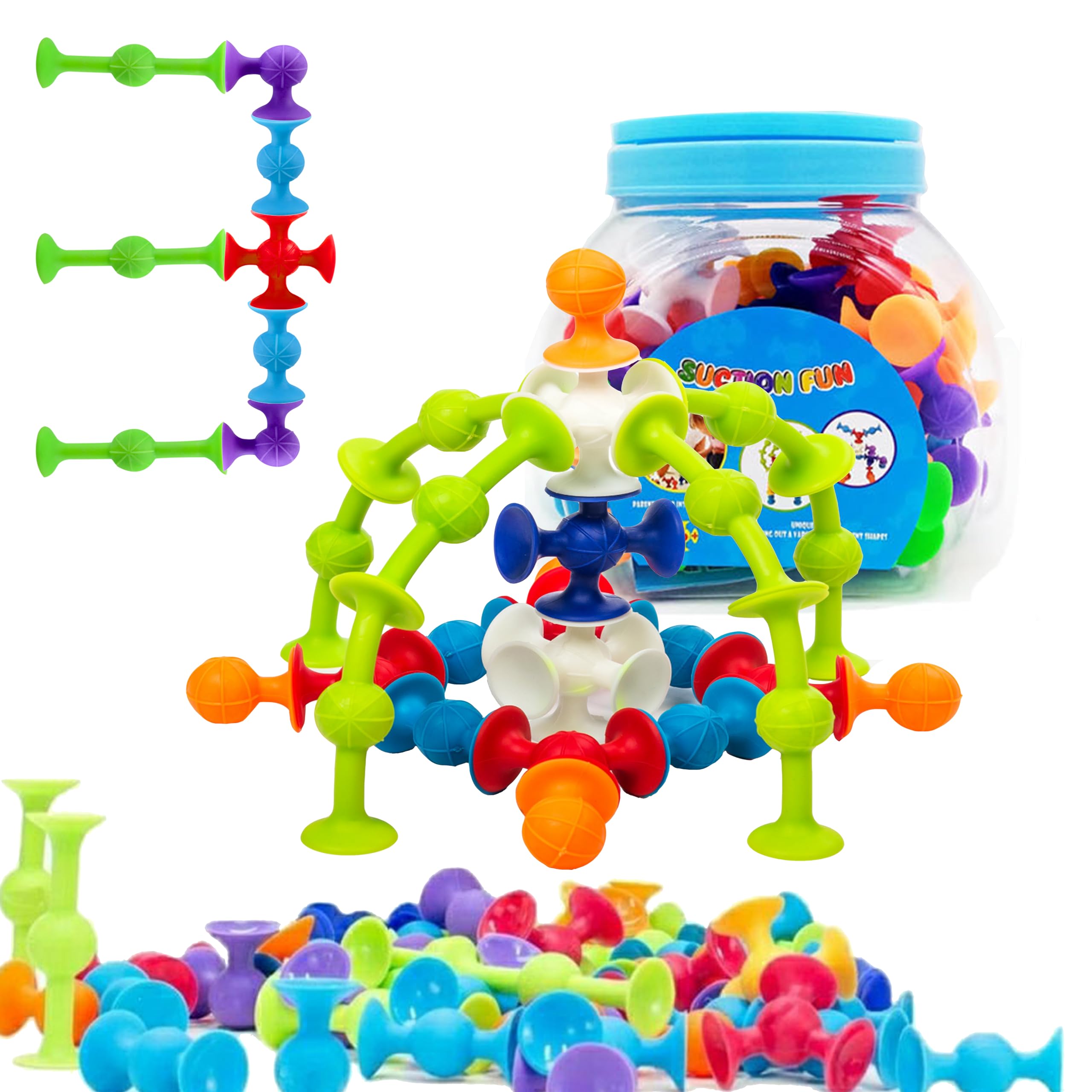 BAIVYLE 48-piece suction cup set on tub wall for imaginative construction play.