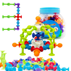 BAIVYLE 48-piece suction cup set on tub wall for imaginative construction play.