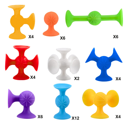 BAIVYLE silicone construction toys cling to smooth surfaces during bath time.