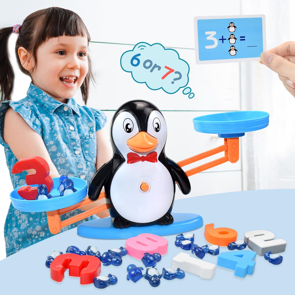 BAKAM Penguin Balance Scale showing four difficulty levels for growing math challenges.