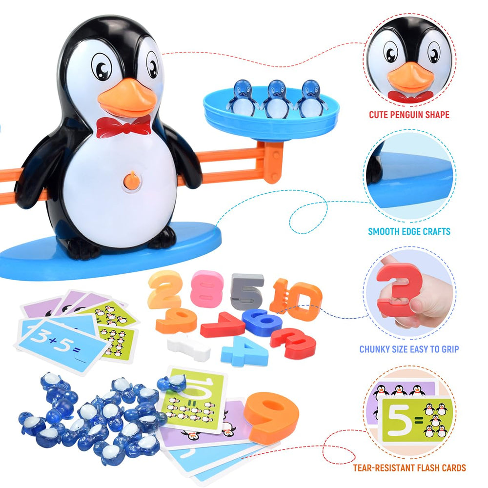 BAKAM Montessori penguin toy aiding preschool math skills and hand-eye coordination.