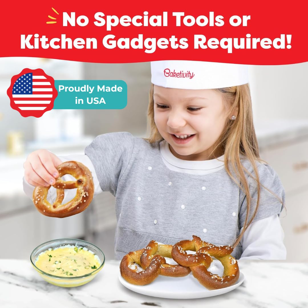 Baketivity dough rolling scene shows kids shaping pretzels with confidence.