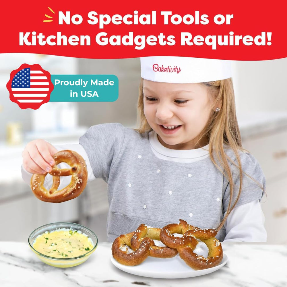 Baketivity dough rolling scene shows kids shaping pretzels with confidence.