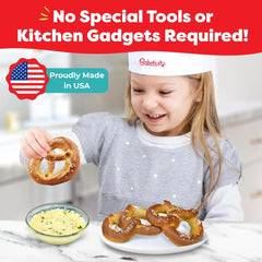 Baketivity dough rolling scene shows kids shaping pretzels with confidence.