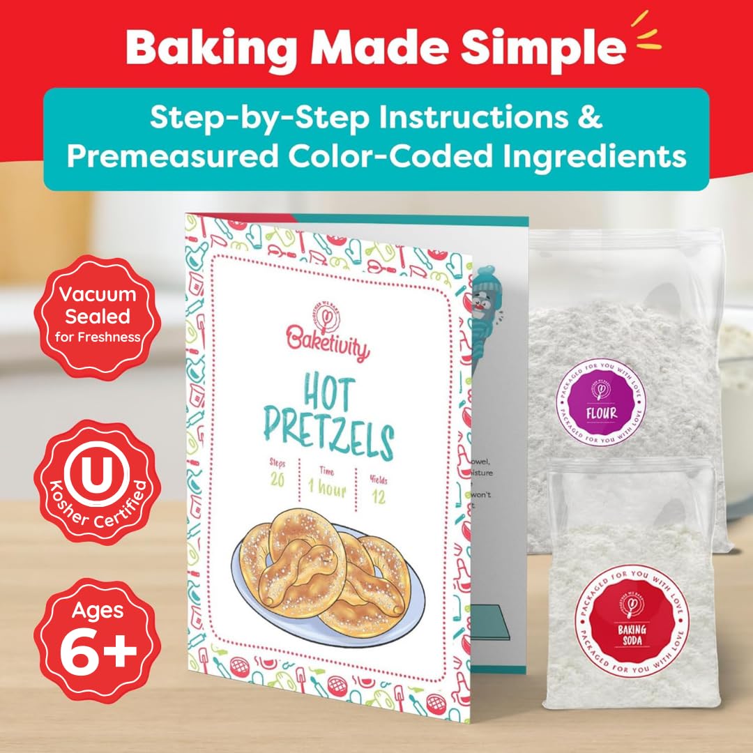 Baketivity pretzel making kit ingredients laid out for quick, kid-friendly baking.