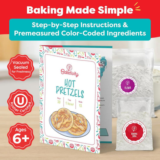 Baketivity pretzel making kit ingredients laid out for quick, kid-friendly baking.