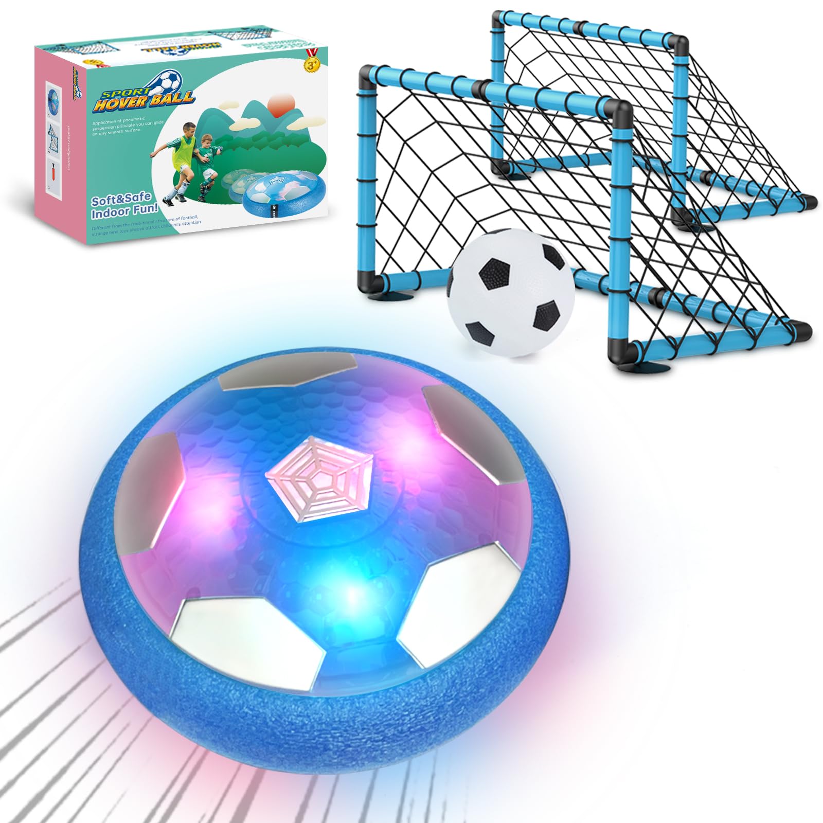 BaLaM hover soccer ball blue front view for safe indoor play.