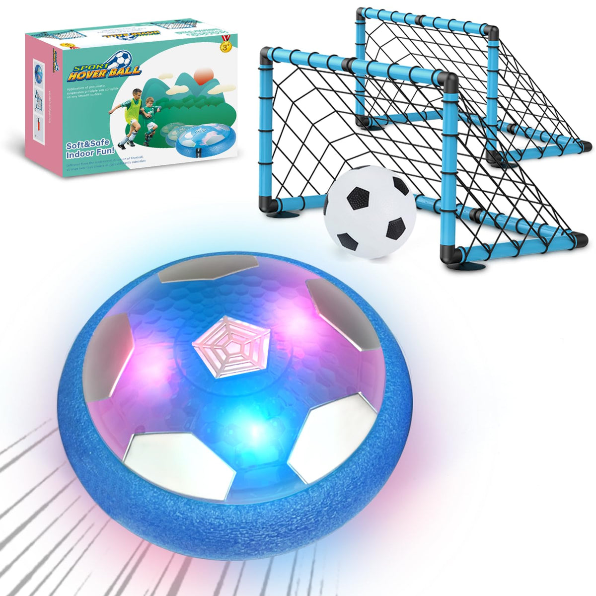 BaLaM hover soccer ball blue front view for safe indoor play.