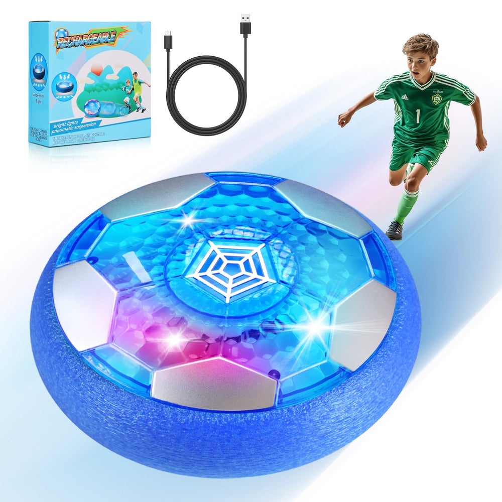 BaLaM hover soccer ball blue on hardwood floor for indoor play.