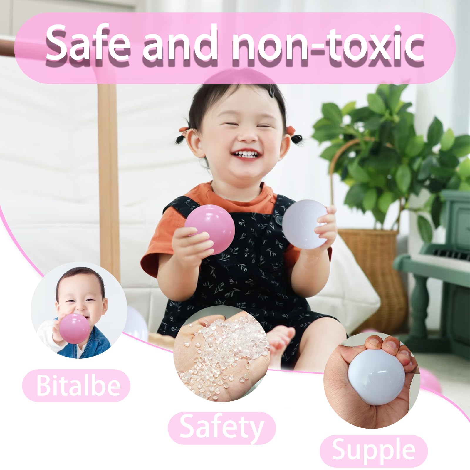Bright pink and white balls support color recognition and learning.