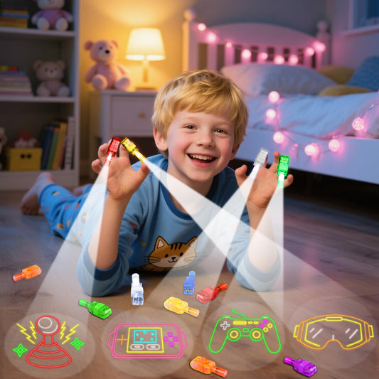 Bamamon neon-pattern finger lights with projected designs for exciting classroom activities.