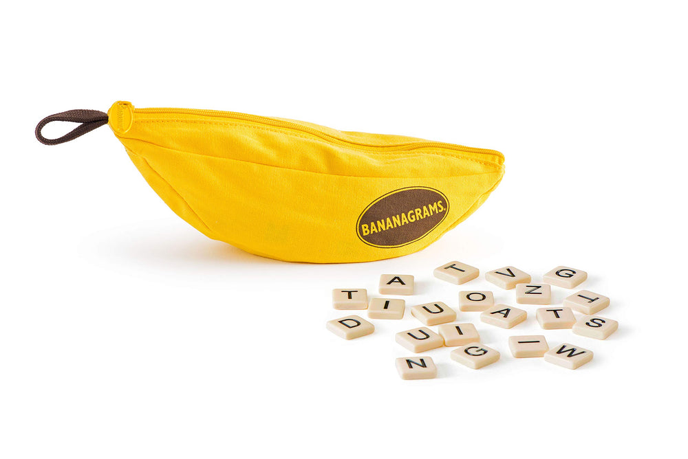 Bananagrams compact banana-shaped case keeps the game neat while traveling