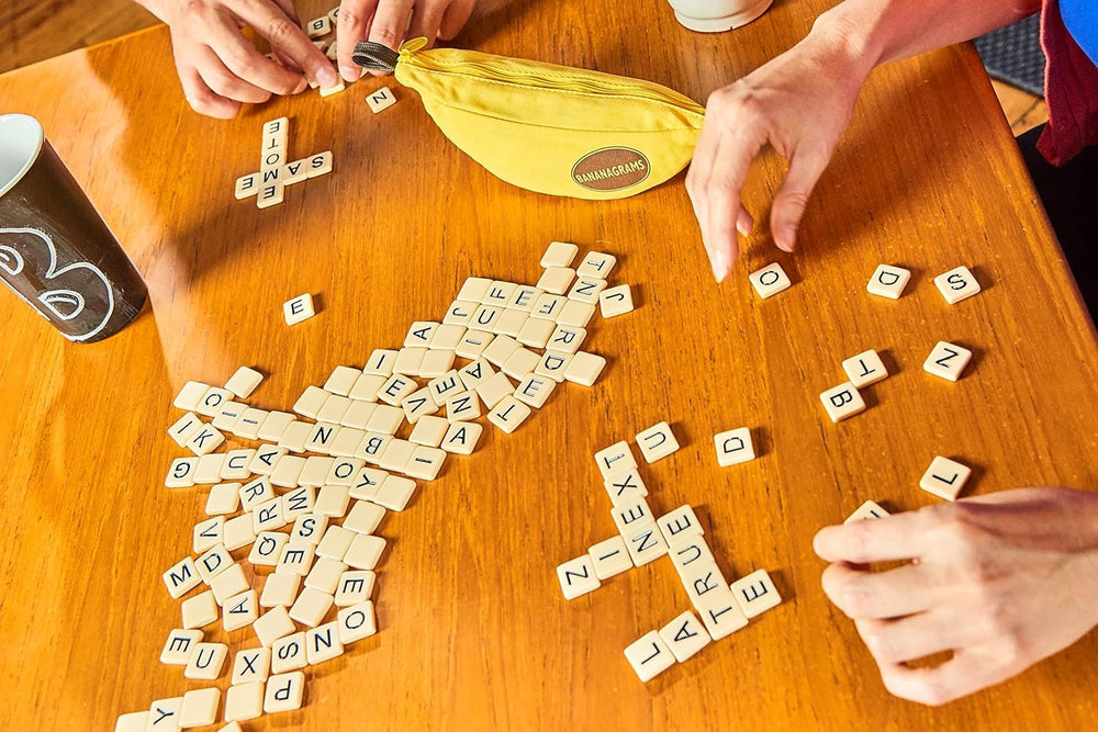 Bananagrams tiles laid out for fast crossword-style word building