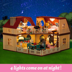 BananMelBM Family Cozy Cabin Doll House lights illuminate rooms for cozy evenings.