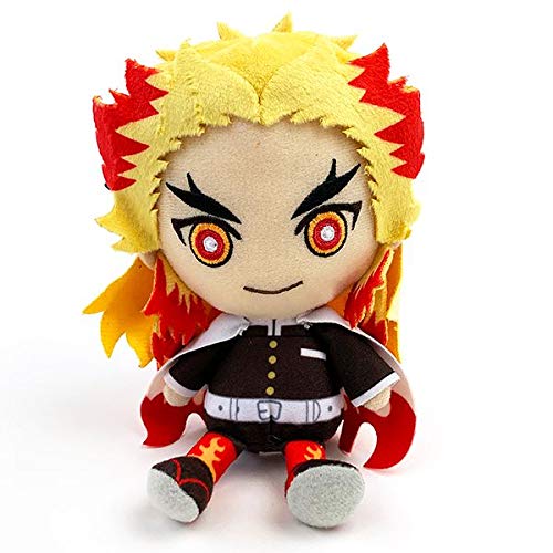 Bandai Demon Slayer Kyojuro Rengoku chibi plush side view ideal for shelf decor
