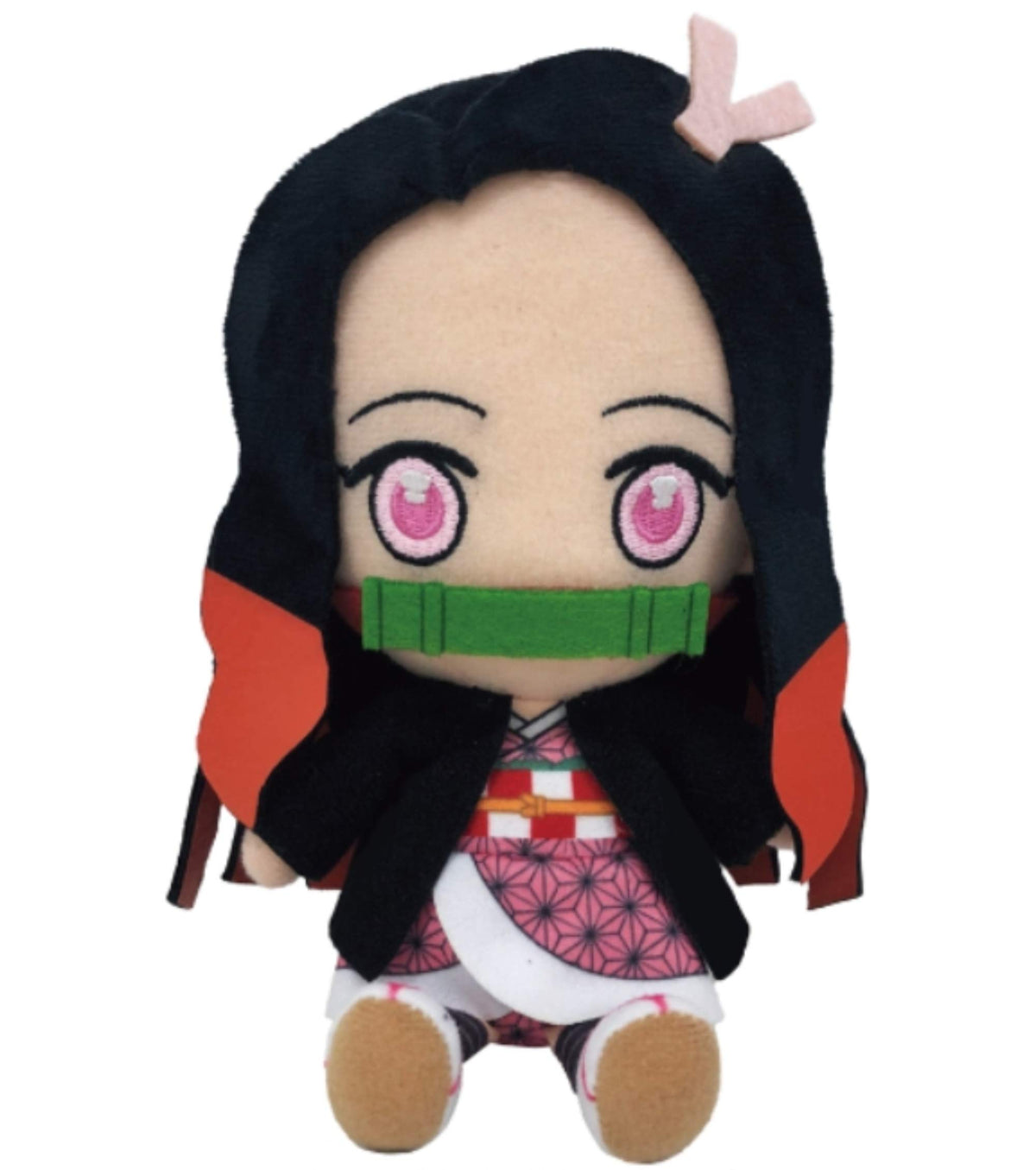 Bandai Nezuko chibi plush front view, perfect display and cuddly collector's item.