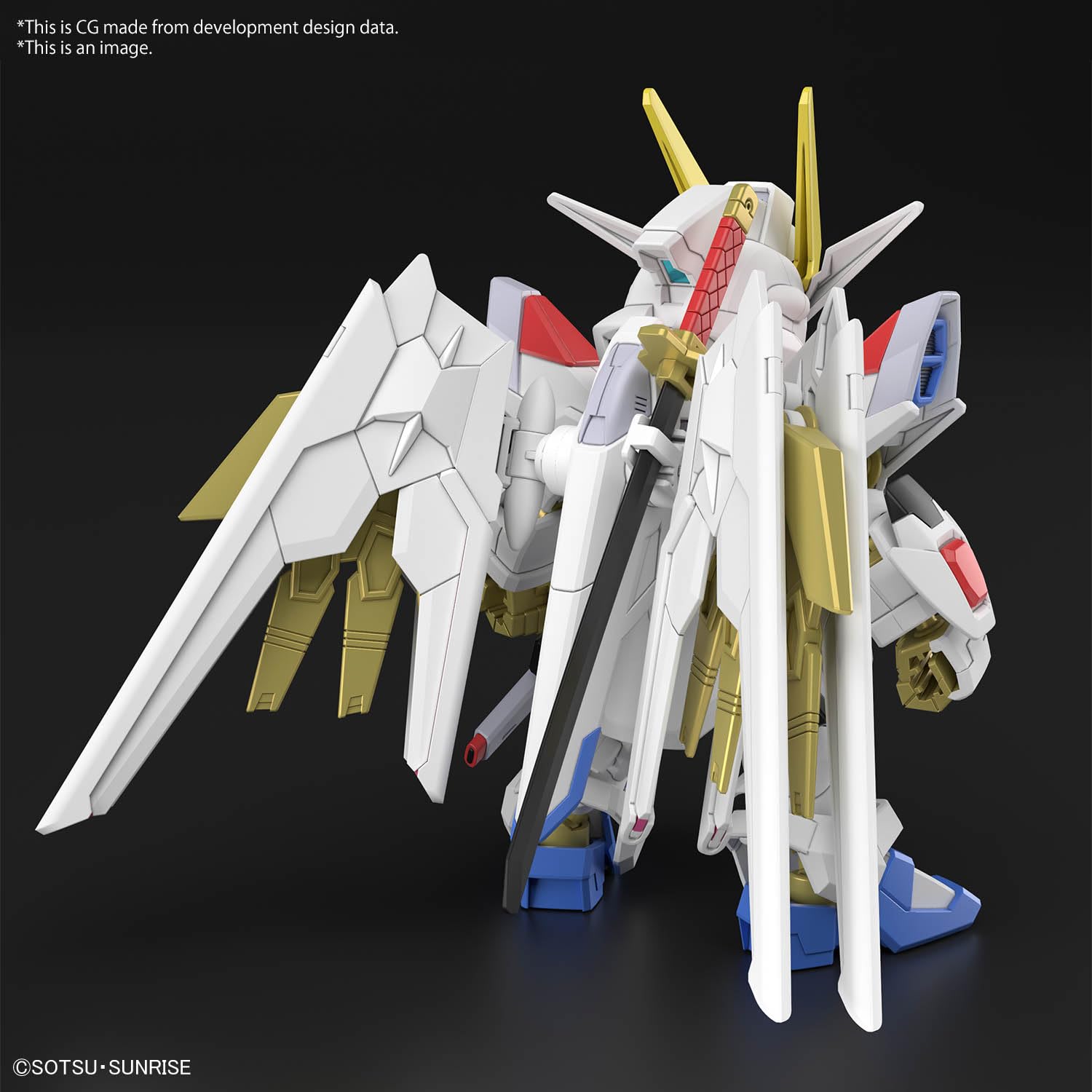 Bandai Hobby Gundam Seed Freedom SDCS gold molding details highlight premium finish.