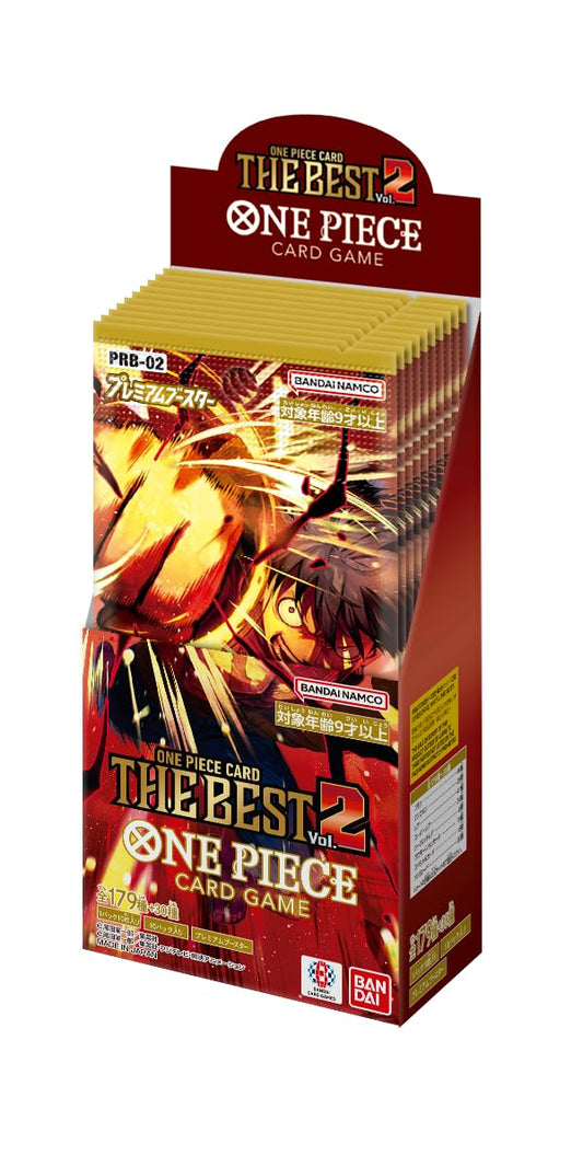 Bandai One Piece Card Game The Best Vol-2 booster box front view with ten boosters.