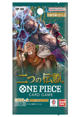 Bandai One Piece Two Legends booster box back shows 144-card set to collect.