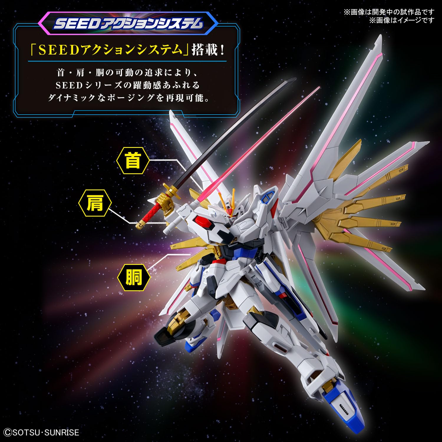 Bandai Spirits Mighty Strike Freedom Gundam HG 1/144 assembled frame on display