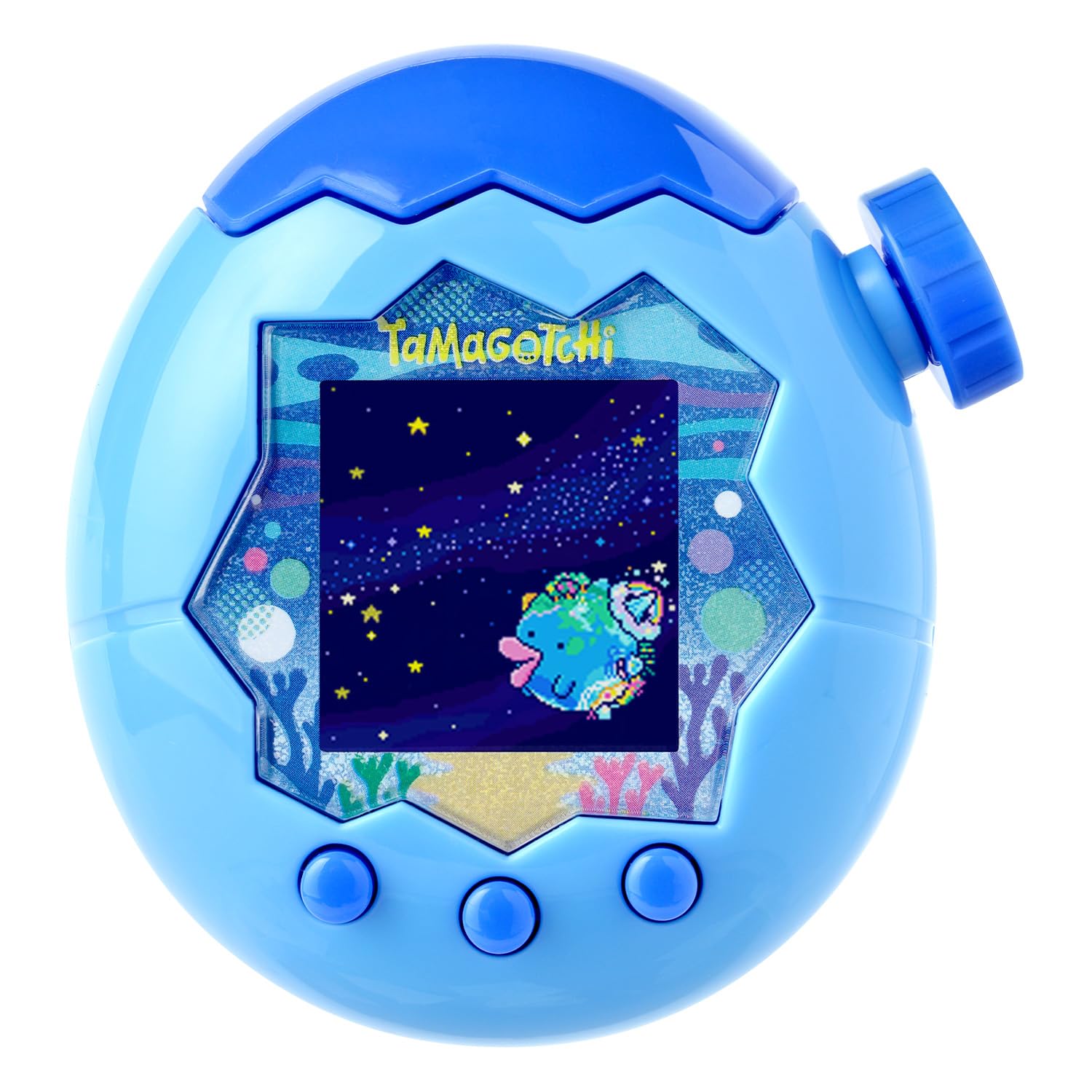 Bandai Tamagotchi Paradise Blue Water front view showing compact handheld design for on the go care