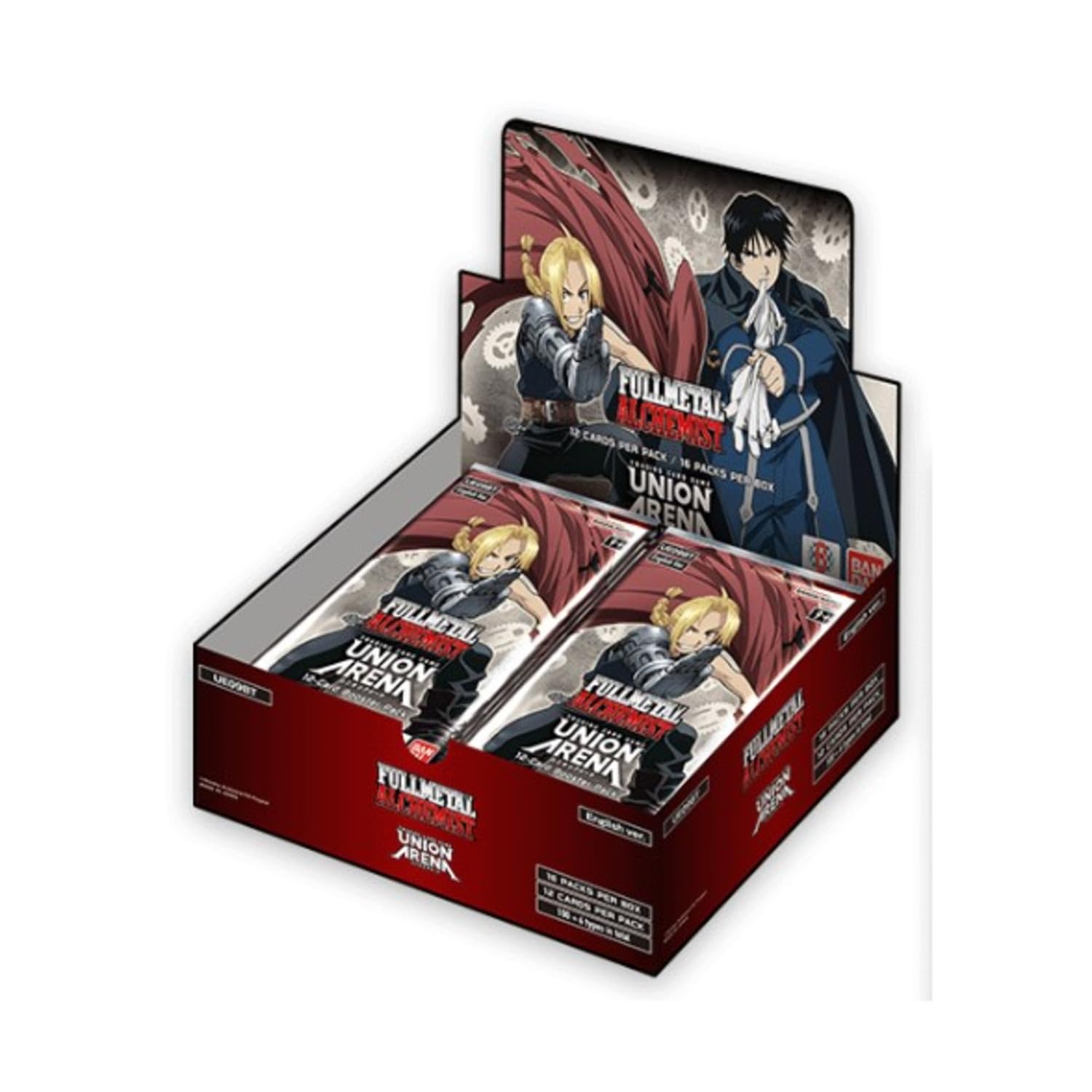 Bandai Union Arena booster display featuring foiled SR cards and exclusive illustrations.
