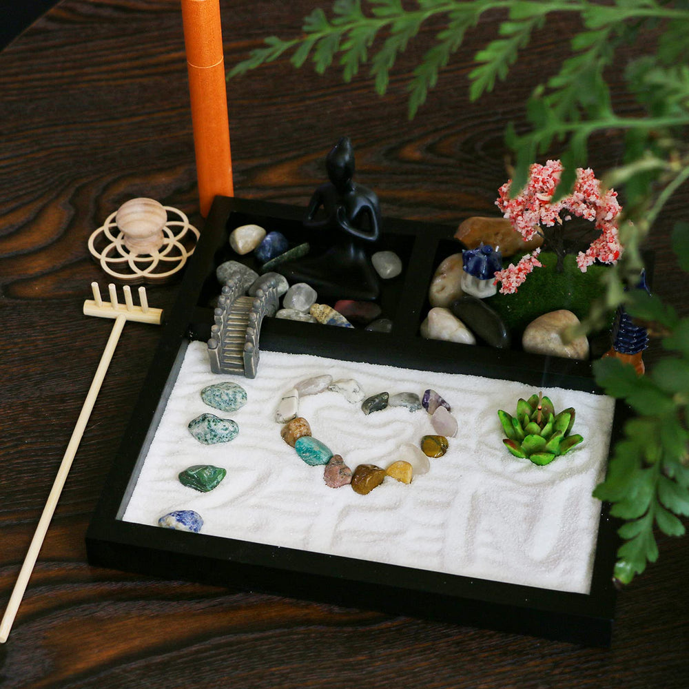 BangBangDa Zen Garden white sand with stones creates a serene tabletop scene.