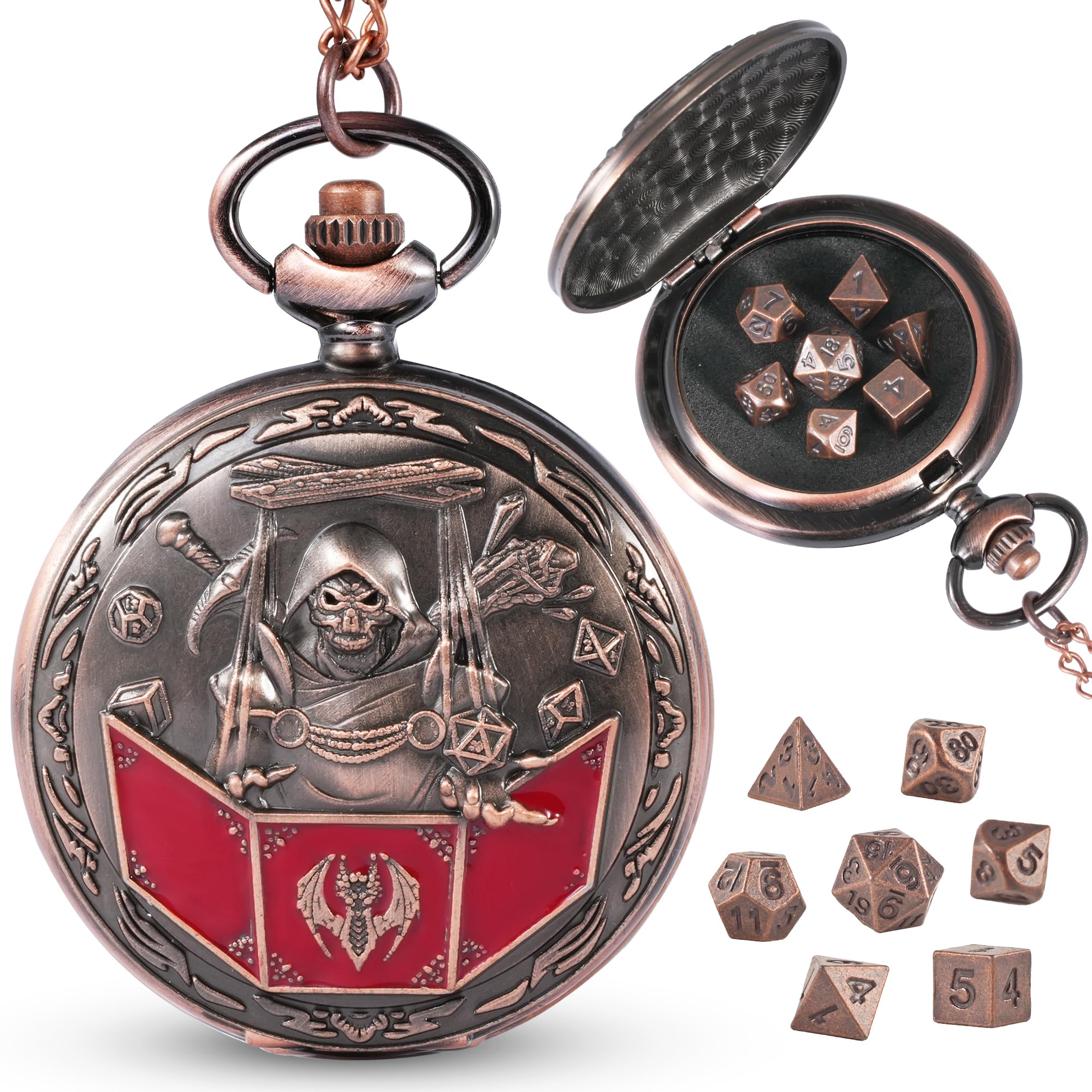 Banloga D&D dice set with dragon pocket watch case, portable elegance for tabletop sessions.