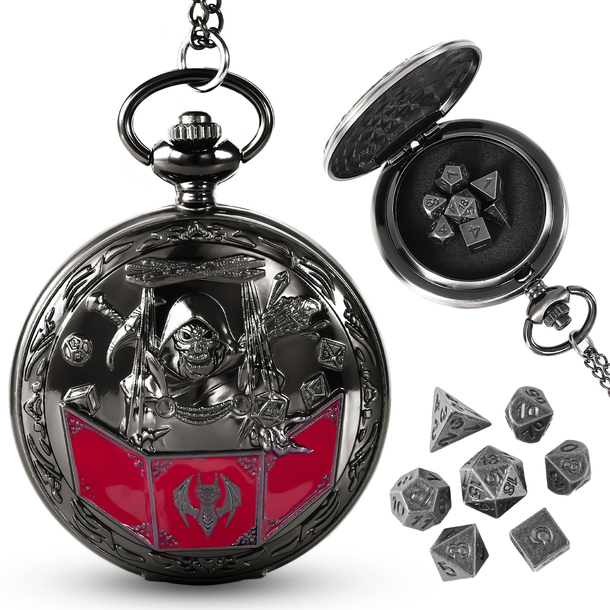 Banloga D amp D dice set with dragon-pattern pocket watch case for stylish tabletop play.