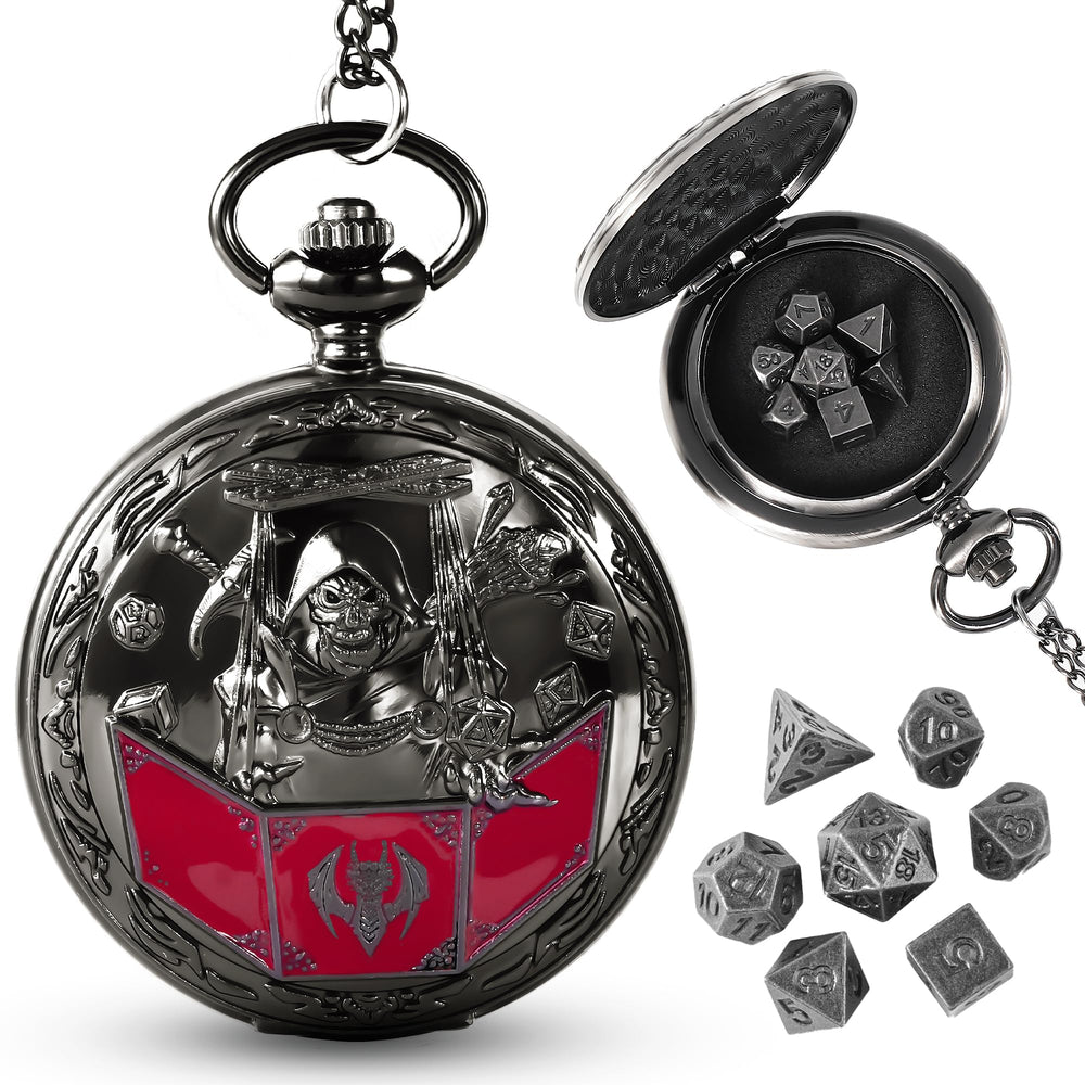 Banloga D amp D dice set with dragon-pattern pocket watch case for stylish tabletop play.